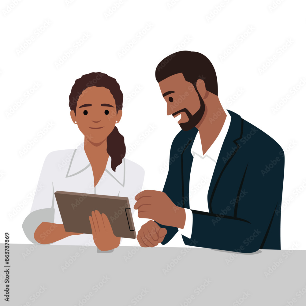 Businessman and woman discussing about sales on tab or analyze data for marketing plan. Flat vector illustration isolated on white background Businessman and woman discussing about sales on tab or analyze data for marketing plan. Flat vector illustration isolated on white background