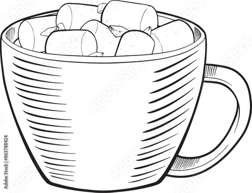 Vector composition with cup of hot chocolate with marshmallow and chocolate chips.