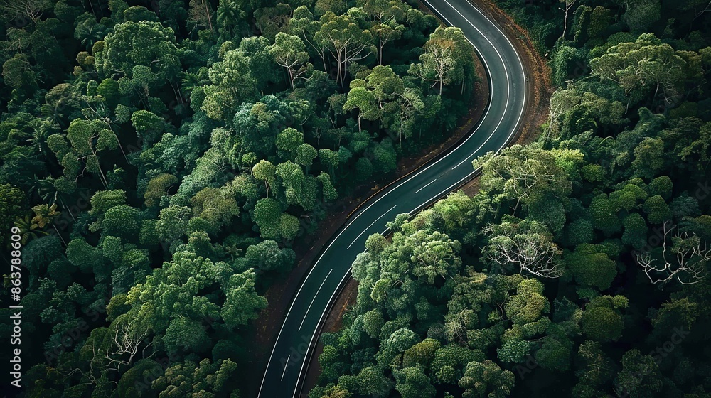 Road winds through lush green forests. The road is surrounded by trees and cloudy skies Road winds through lush green forests. The road is surrounded by trees and cloudy skies