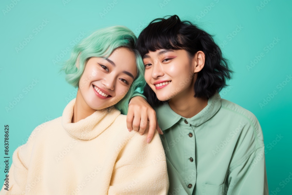 Lesbian couple, age 20, Asian, with their heads touching, first love, pastel mint background Lesbian couple, age 20, Asian, with their heads touching, first love, pastel mint background