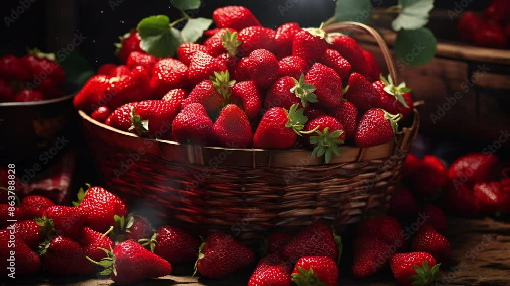 Video recreation of fresh red strawberries in a basket Video recreation of fresh red strawberries in a basket