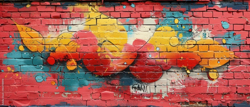 Modern graffiti art on a brick wall in an urban setting. Modern graffiti art on a brick wall in an urban setting.