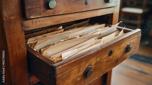 Wooden commode drawer filled with paper documents focusing selectively