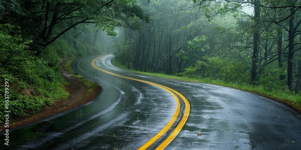 Obraz premium Rainy Day on a Winding Road with Yellow Line in a Forest. Ideal for Travel, Scenic Routes, and Outdoor Adventures. Perfect for Seasonal Themes like Summer, Autumn, Spring, and Four Seasons. AI-Generat
