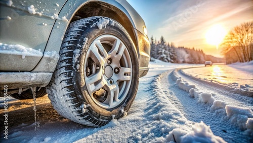Frozen car wheel stuck to snowy icy road, winter weather extremities render tire change impossible, cold temperatures paralyze transportation.