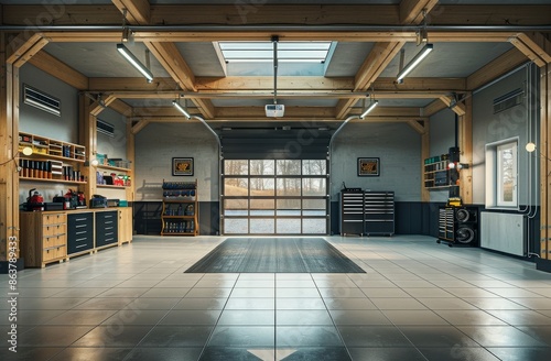 Well-Lit Modern Garage With Wooden Beams and Open Garage Door © olegganko