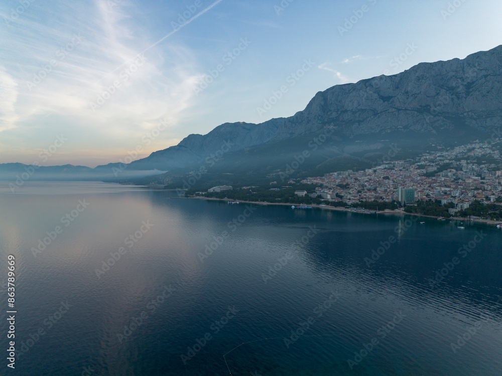 Aerial landscape. Morning foggy sunrise on the Adriatic coast in Croatia, Makarska Aerial landscape. Morning foggy sunrise on the Adriatic coast in Croatia, Makarska