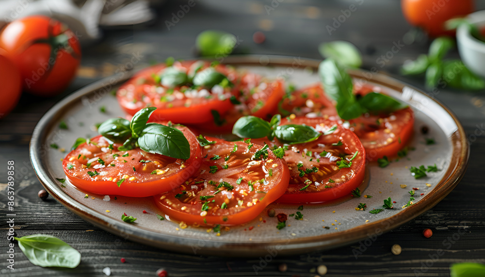 grilled fried tomato slices on plate on dark background grilled fried tomato slices on plate on dark background