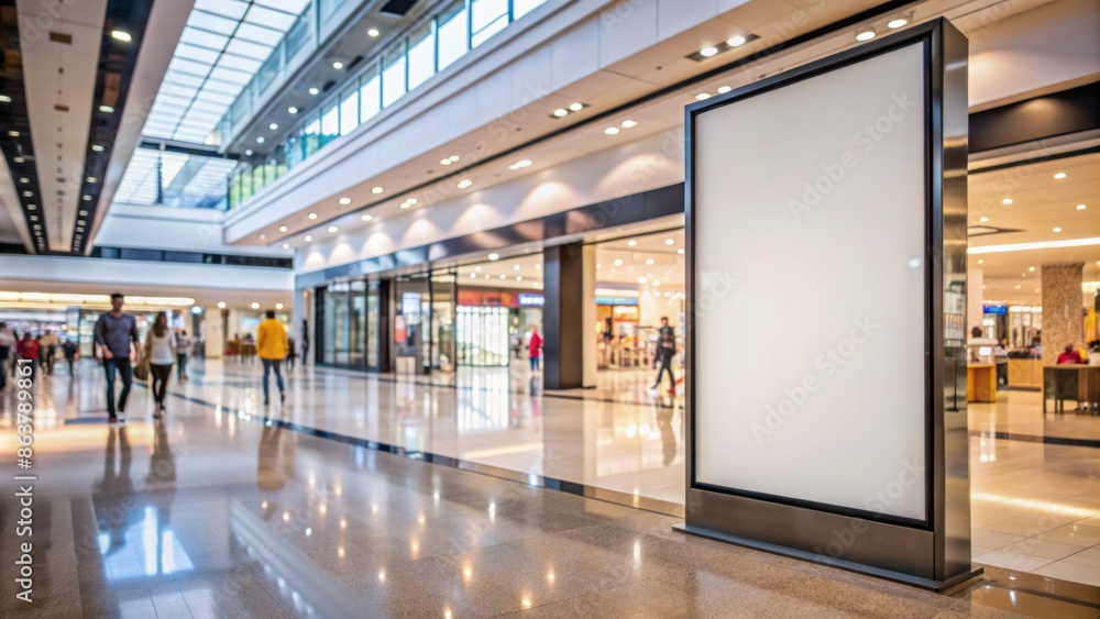 Obraz premium Large blank advertising space in a bustling shopping center with a blurred background of storefronts and mall architecture.