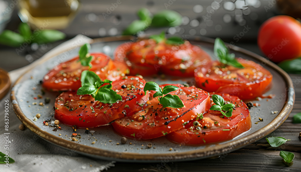 grilled fried tomato slices on plate on dark background grilled fried tomato slices on plate on dark background