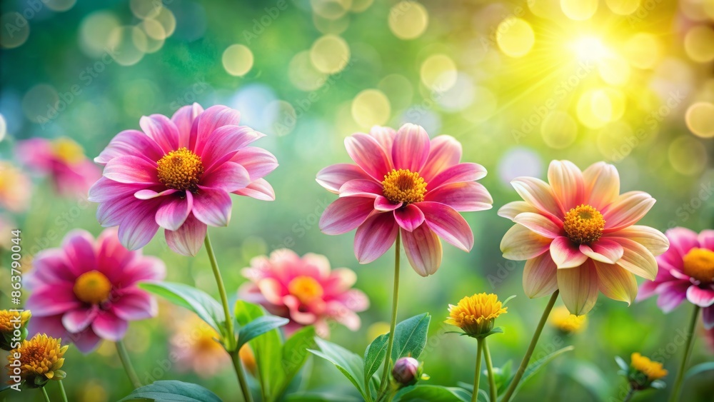 Vibrant pink and yellow blooming flowers scatter across a soft, blurred, natural green background with subtle bokeh effect. Vibrant pink and yellow blooming flowers scatter across a soft, blurred, natural green background with subtle bokeh effect.
