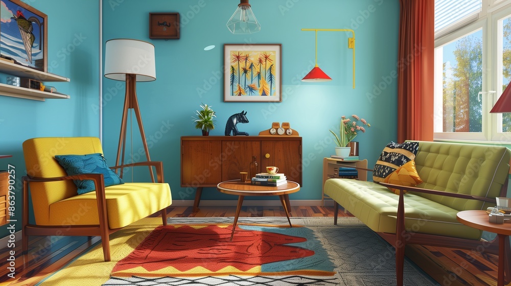 A guest room with a nostalgic, retro vibe, showcasing mid-century modern furniture, bold colors, and vintage decor pieces. A guest room with a nostalgic, retro vibe, showcasing mid-century modern furniture, bold colors, and vintage decor pieces.