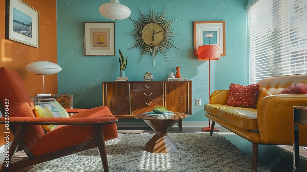 A guest room with a nostalgic, retro vibe, showcasing mid-century modern furniture, bold colors, and vintage decor pieces. A guest room with a nostalgic, retro vibe, showcasing mid-century modern furniture, bold colors, and vintage decor pieces.