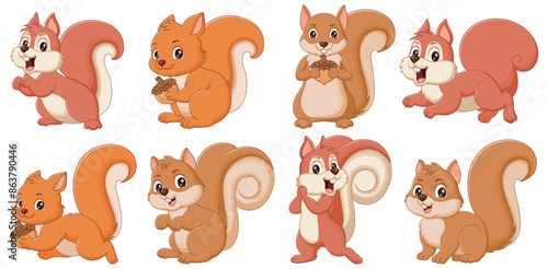 Cute squirrel cartoon collection set. Animal Nature Icon Concept Isolated Premium Vector. Vector illustration	
