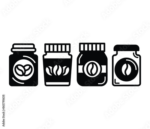 coffee glass jar package icons symbol vector design illustration black white color collection set 