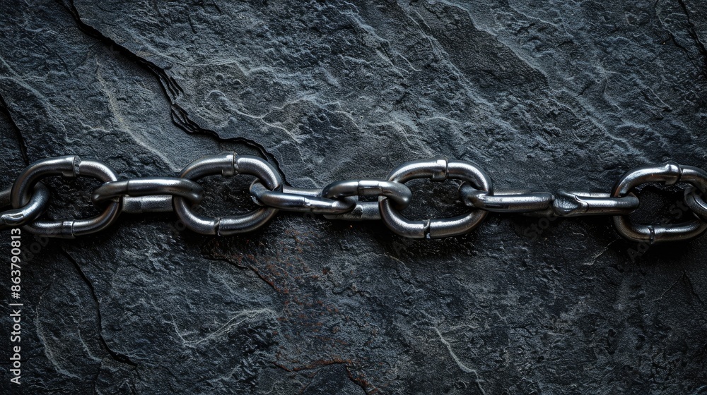 Shiny metal chain on dark stone background with copy space Shiny metal chain on dark stone background with copy space