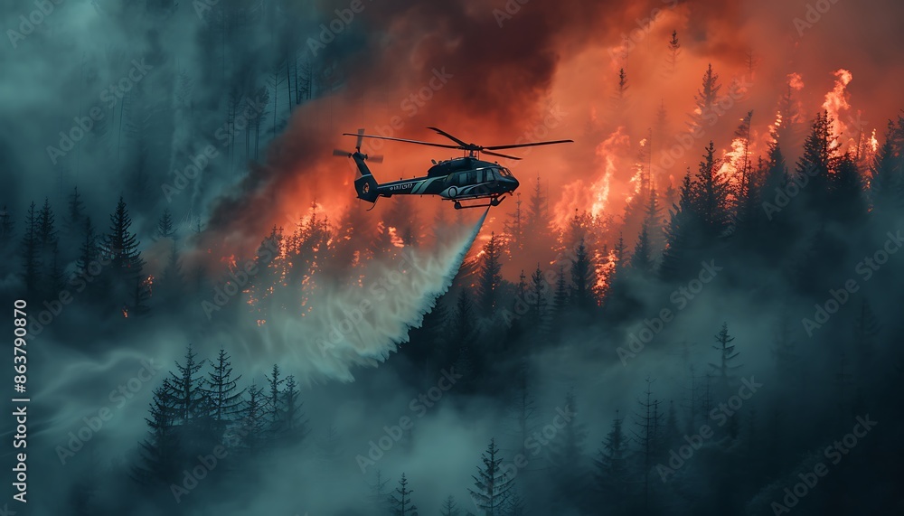 Fototapeta premium Helicopter spraying water on forest in the mountains at sunset.