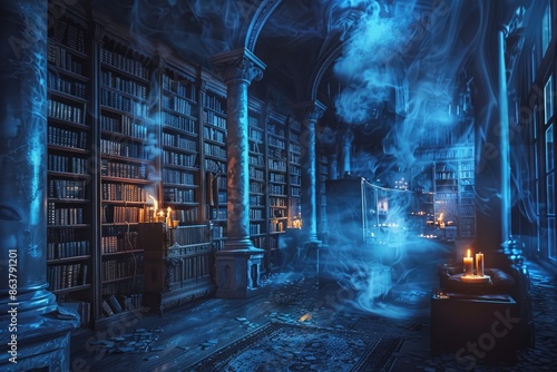 A spooky library filled with ancient books, flickering candles, and ghostly apparitions, creating an eerie and mysterious atmosphere photo