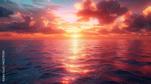 A stunning sunset over a calm ocean, with vibrant orange and pink hues reflecting on the water. 