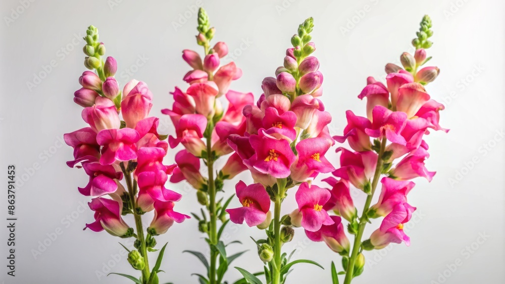 Obraz premium Solo delicate stem of vibrant pink snapdragon flowers stands upright against a pristine white background, exuding elegance and simplicity.