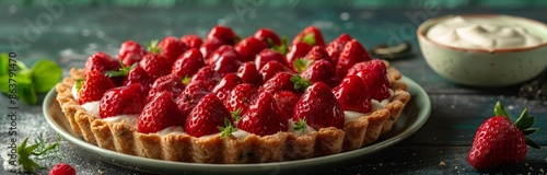 Fresh Strawberry Tart With Whipped Cream and Flowers