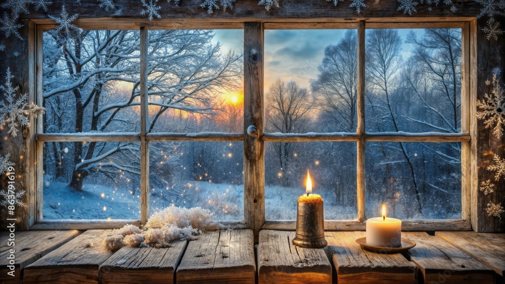 Fototapeta premium Frosty windowpane overlooks snowflakes gently falling onto barren trees behind an abandoned, worn, old wooden table, adorned with candle remnants.