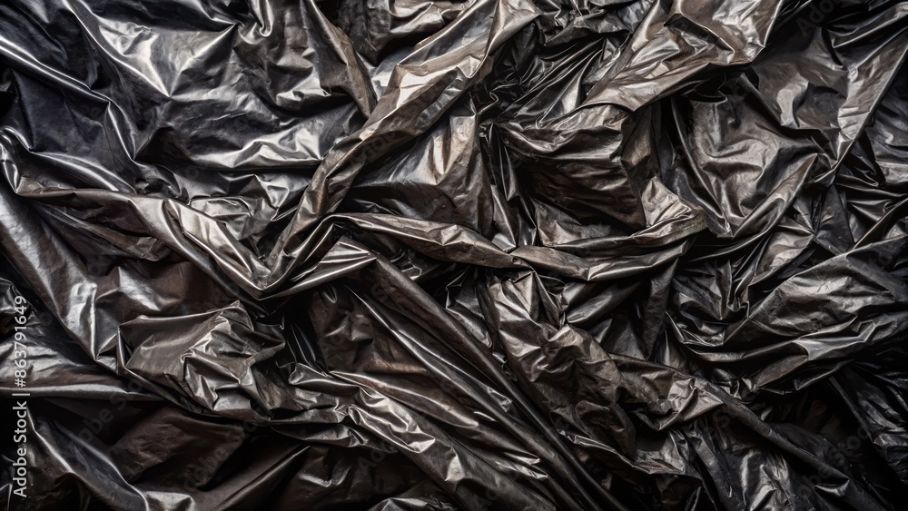 High-contrast black background showcases intricate, wrinkled texture of crumpled black plastic wrap, ideal for creative, decorative design elements. High-contrast black background showcases intricate, wrinkled texture of crumpled black plastic wrap, ideal for creative, decorative design elements.