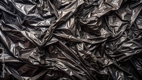 High-contrast black background showcases intricate, wrinkled texture of crumpled black plastic wrap, ideal for creative, decorative design elements.