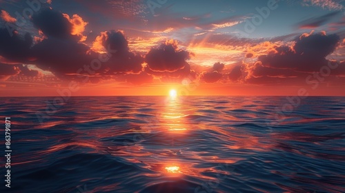 A stunning sunset over a calm ocean, with vibrant orange and pink hues reflecting on the water. 