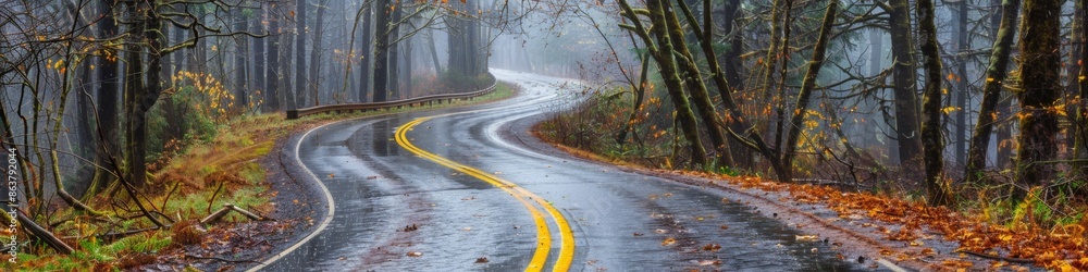 Obraz premium Hailstorm on a Winding Road with Yellow Line in a Forest. Ideal for Travel, Scenic Routes, and Outdoor Adventures. Perfect for Seasonal Themes like Summer, Autumn, Spring, and Four Seasons. AI-Generat