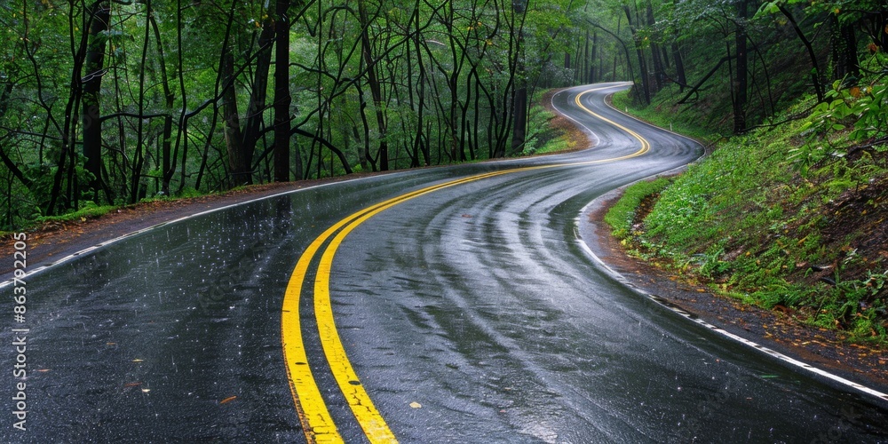 Obraz premium Hailstorm on a Winding Road with Yellow Line in a Forest. Ideal for Travel, Scenic Routes, and Outdoor Adventures. Perfect for Seasonal Themes like Summer, Autumn, Spring, and Four Seasons. AI-Generat