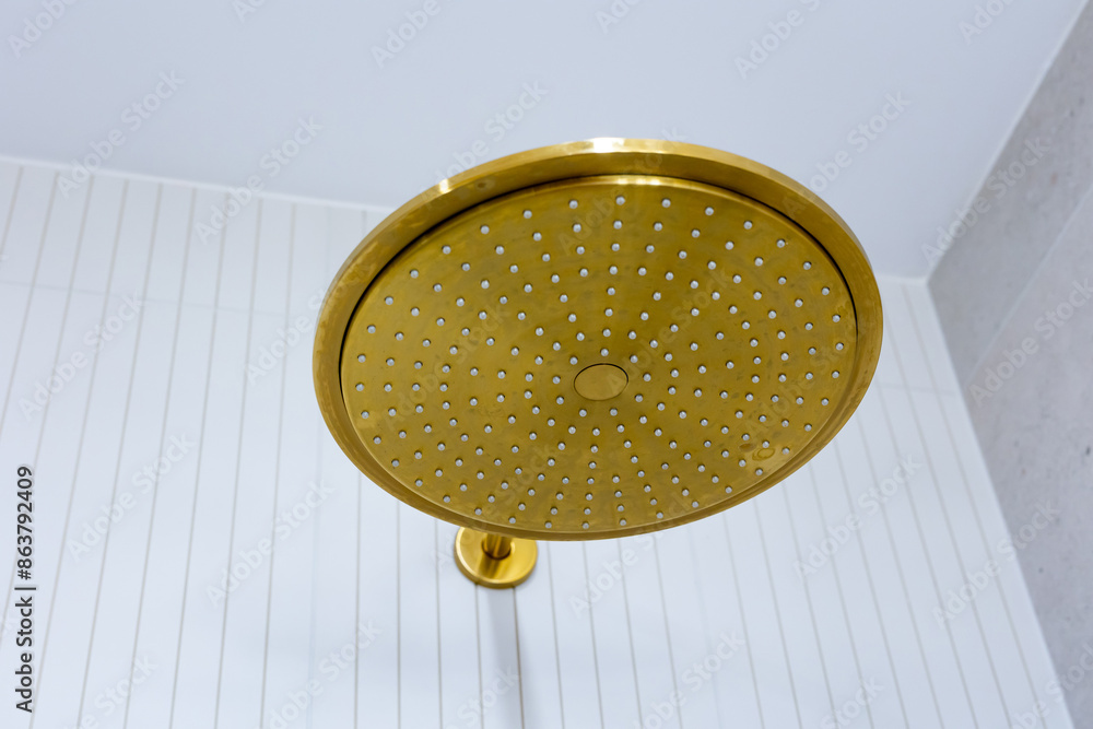 Bronze, braas bathroom handshower in a bathroom finished with white tiles. Minimalist bathroom finish. Photographed in natural light.