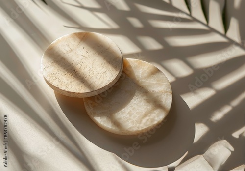 Two Round White Marble Coasters With Palm Leaf Shadows in Sunlight