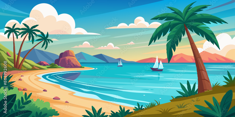 Tropical beach with palm trees and clear blue ocean