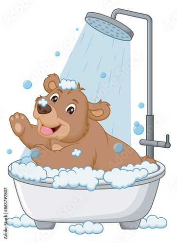 Cute Bear Cartoon Bathing In Bathtub. Animal Nature Icon Concept Isolated Premium Vector. Vector Illustration