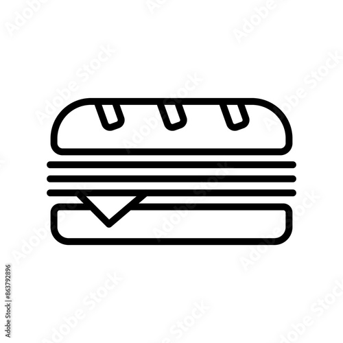 Illustration depicting a black sandwich icon on a white background. Fast food