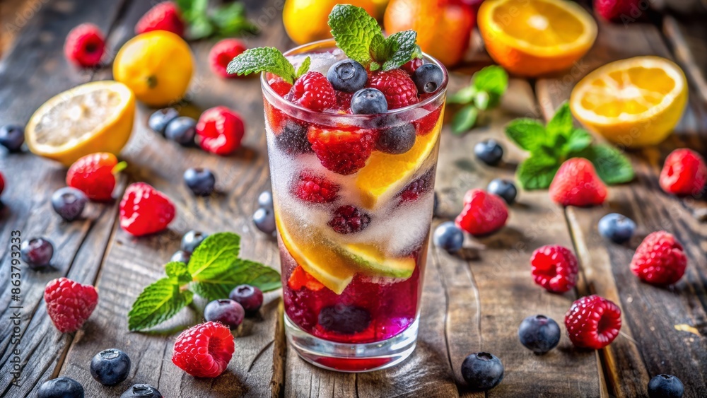 Refreshing summer drink with colorful mixture of frozen berries, citrus slices, and ice cubes in a tall glass. Refreshing summer drink with colorful mixture of frozen berries, citrus slices, and ice cubes in a tall glass.