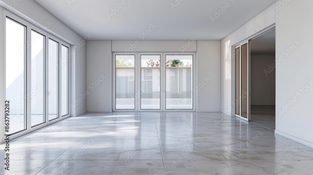Contemporary empty living room with large glass doors and white walls in modern home Contemporary empty living room with large glass doors and white walls in modern home