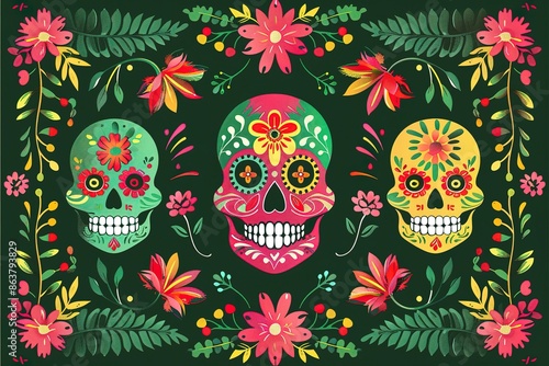 Seamless pattern with sugar skulls and roses. Design element for poster, card, banner, t shirt.