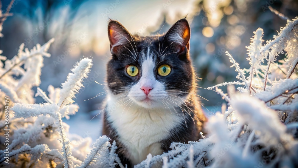 Frosty winter scene featuring a curious black and white cat, its piercing eyes fixed intently on the camera lens outdoors. Frosty winter scene featuring a curious black and white cat, its piercing eyes fixed intently on the camera lens outdoors.