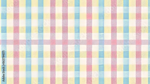 Soft pastel gingham print features pink, blue, yellow, and off-white checks on a light textured background, perfect for spring.