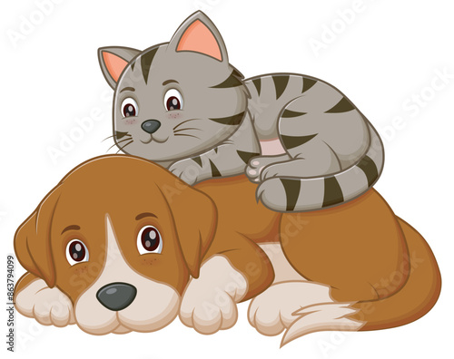 Cute Happy Cat Playing With Dog. Animal Nature Icon Concept Isolated Premium Vector. Vector Illustration