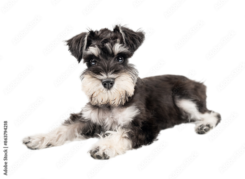 Miniature schnauzer puppy lies and looks at the camera isolated Miniature schnauzer puppy lies and looks at the camera isolated