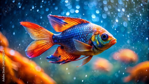 Vibrant orange and blue finned fish swims in crystal clear water surrounded by rain droplets against blurred aquatic background. photo
