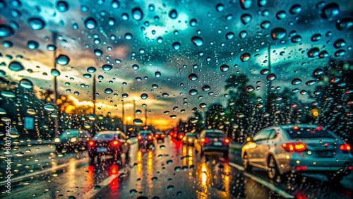 Water-soaked roadside view through blurred car windshield obscured by persistent rain droplets on a gloomy evening commute scene. photo