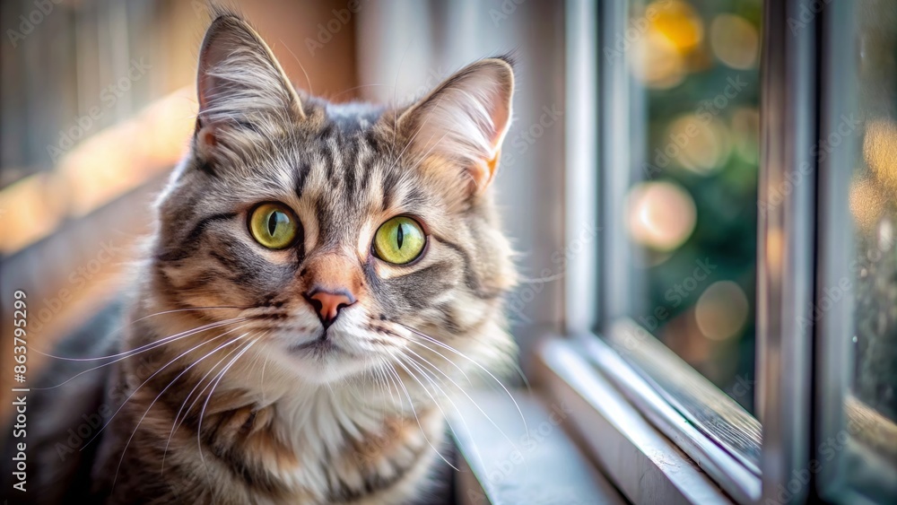 Adorable fluffy gray tabby feline peers intently out window, showcasing bright curious eyes and soft whiskers against a blurred background. Adorable fluffy gray tabby feline peers intently out window, showcasing bright curious eyes and soft whiskers against a blurred background.