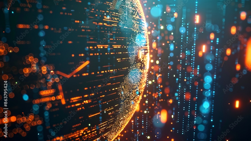 Fototapeta premium Abstract digital world with glowing data streams. The image showcases a futuristic style with vibrant colors and dynamic lighting. Ideal for technology and cyber-themed designs. AI
