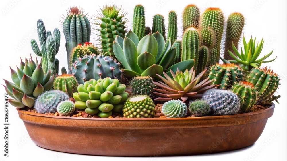Isolated potted cactus and succulent arrangement with varied shapes and sizes against a clean transparent background in high definition. Isolated potted cactus and succulent arrangement with varied shapes and sizes against a clean transparent background in high definition.
