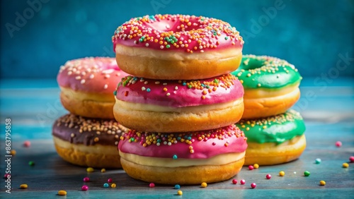 Vibrant stack of five assorted flavor donuts, topped with ring donut featuring pink icing and colorful rainbow sprinkles, against clean background. photo