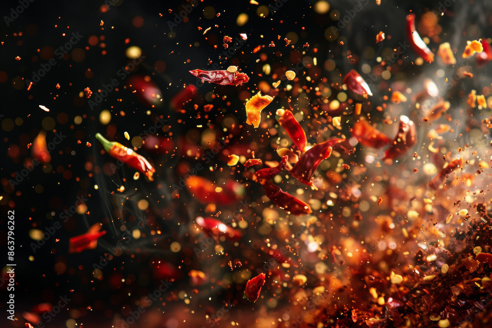Red chili peppers exploding in the air, surrounded by spices and dust. The background is dark with smoke swirling around them. High-speed photography captures motion blur... Red chili peppers exploding in the air, surrounded by spices and dust. The background is dark with smoke swirling around them. High-speed photography captures motion blur...